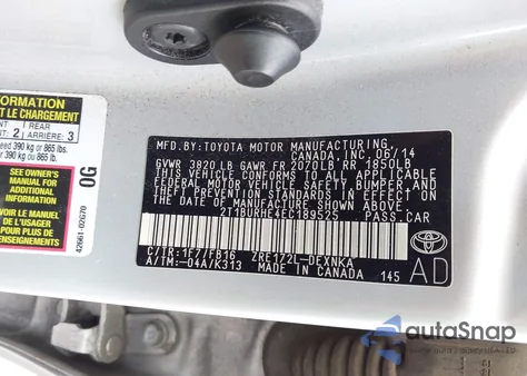 2014 Toyota Corolla Le из США, поврежденный, VIN 2T1BURHE4EC189525